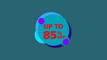 Abstract 85% Percent Off Flat Style Banner Sticker Colorful Label Popup Promotional red color 4k illustration. Colorful circle 85% OFF, Sale, Discounts, Special Offers etc. Deep cyan background 4k.