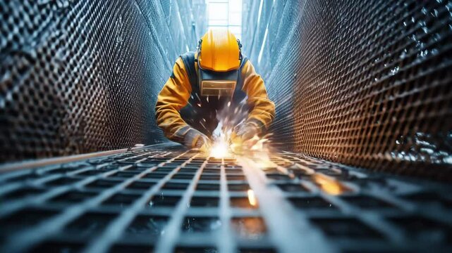 A welder in protective gear is working on metal grating in an industrial setting with sparks flying.