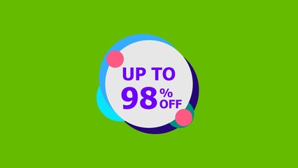 Abstract 98% Percent Off Flat Style Banner Sticker Colorful Label Popup Promotional purple color 4k illustration. Colorful circle 98% OFF, Sale, Discounts, Special Offers etc. lime green background 4k
