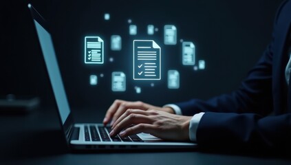 Person working on a laptop with document icons overlaid.