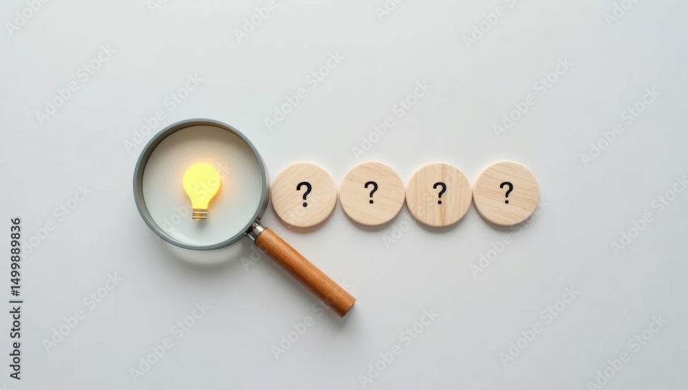 Poster illuminated lightbulb viewed through a magnifying glass, surrounded by question marks.