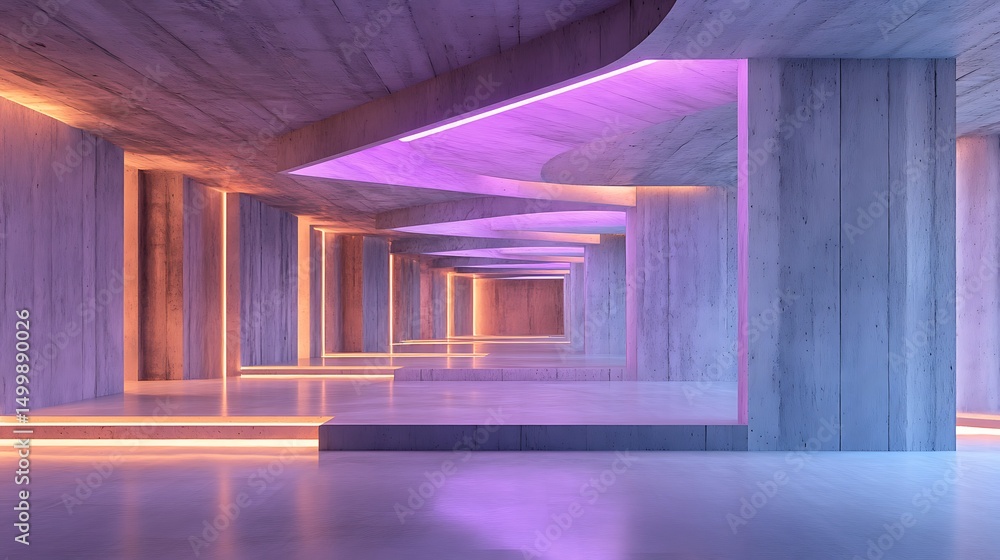 Poster 3d rendering of an empty room with stairs illuminated by neon lights
