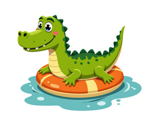 Naklejka premium Smiling cartoon crocodile lounging on a bright inflatable in refreshing pool, summer delight