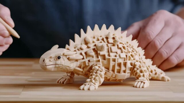 A wooden dinosaur sculpture being intricately carved by hand with a detailing tool on a wooden table.
