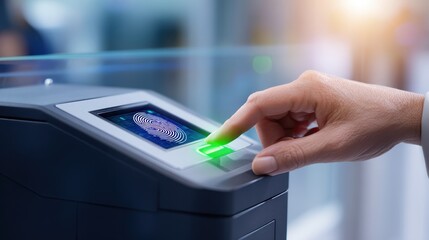 Close-up of a hand using a biometric scanner for fingerprint authentication in a modern setting
