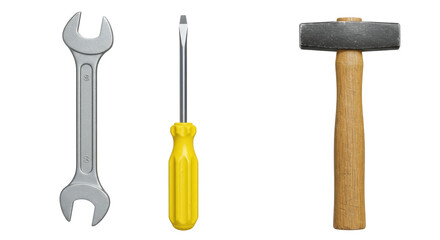 Isolated Set of tools including wrench, screwdriver, and hammer for repair