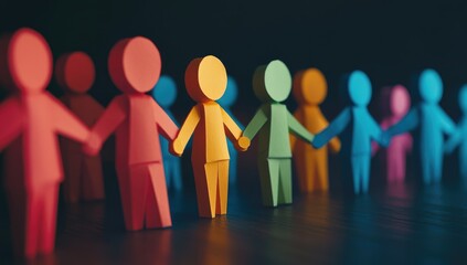 Colorful paper figures holding hands in a line
