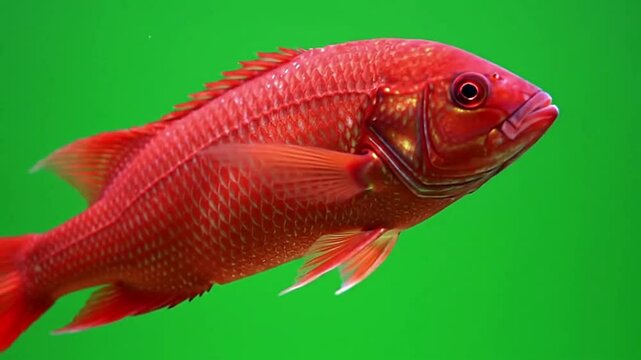 red fish isolated on green screen background. Ideal for chroma key compositing, marine visuals, educational content, aquaculture or seafood advertising