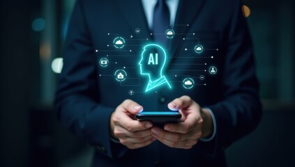 A person holding a device displaying an artificial intelligence interface.
