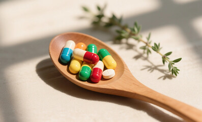 Colorful Vitamin Capsules on Wooden Spoon with Fresh Green Herbs in Soft Natural Light