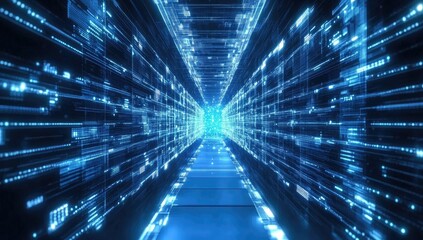 Futuristic digital tunnel with glowing blue code
