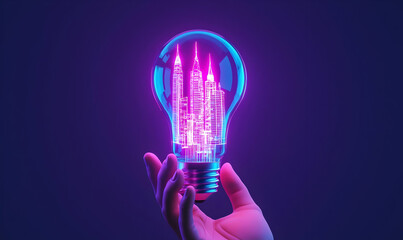 Futuristic Light Bulb with Cityscape in Neon Colors in Hand