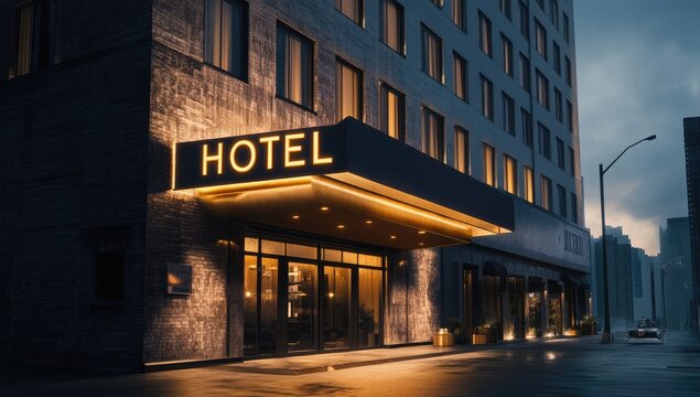 Modern hotel exterior at night