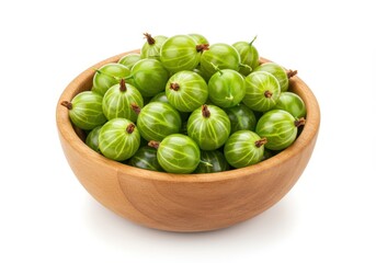 Fresh green gooseberries in wooden bowl isolated on white background