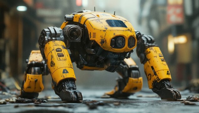 Yellow robot crawls in urban alley - Powered by Adobe