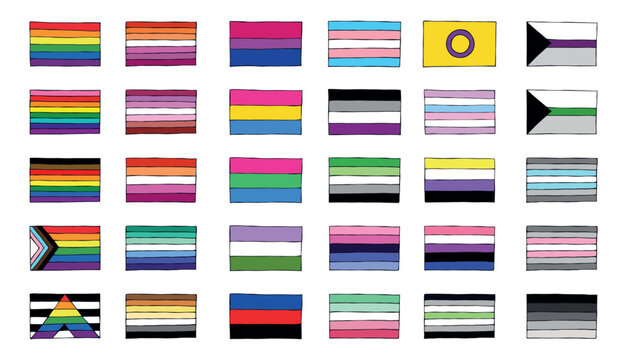 Set of colorful LGBTQ+ pride flags Gender equality and sexual identity pride flags collection LGBTQIA community pride month