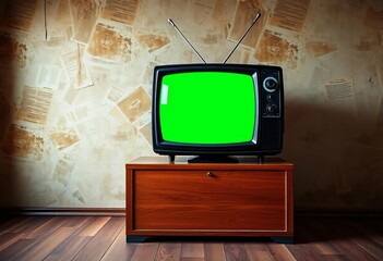 Retro green screen TV on wooden box, aged wall background, retro,  copy space