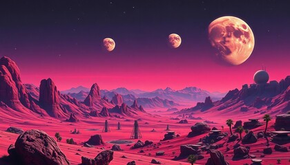 Retro sci-fi alien landscape with multiple moons, vintage textures, detail, artwork