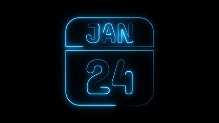 Glowing neon 24 january icon isolated on black background.a neon sign with a calendar that says "24 DAYS". HD Video motion graphic animation