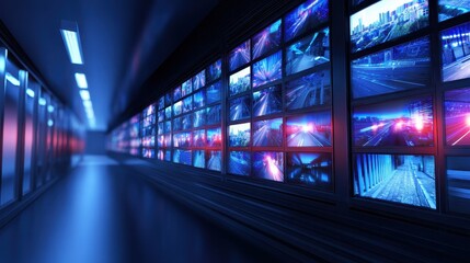 Modern surveillance room featuring multiple screens displaying urban scenes and traffic footage