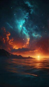 Spectacular Sunset over Ocean with Vibrant Nebula and Starry Sky