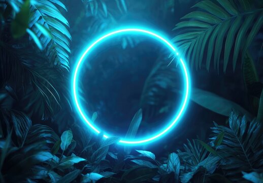 Neon blue circle in lush jungle