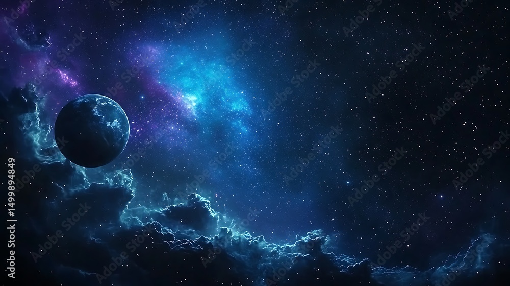 Poster abstract space background with planet and nebula, 3d render illustration