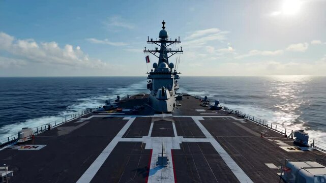 Dynamic point-of-view from aircraft carrier flight deck sailing on vast blue ocean under bright sunlit sky with clouds and distant horizon
