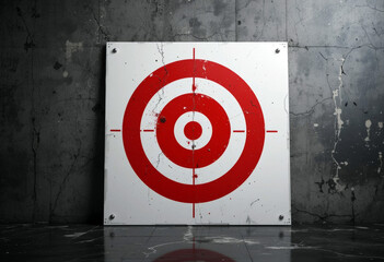 Red Target Board Against Weathered Wall with Cracks and Reflections.