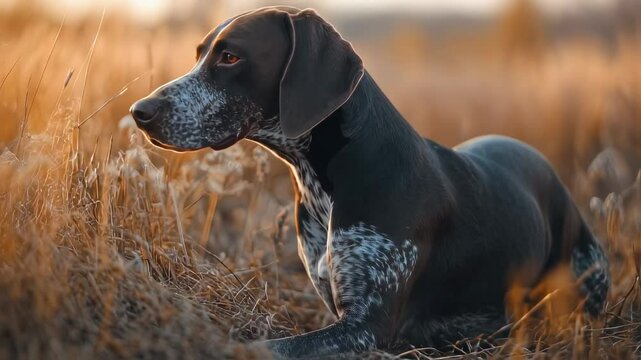 Elegant German Shorthaired Pointer Gazing in a Golden Field at Sunset