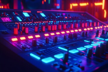 Fototapeta premium Vibrant neon lights illuminate a professional audio mixing console, perfect for music production studios and live events.
