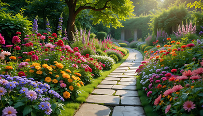 Obraz premium Beautiful Garden with Stone Pathway and Flowers