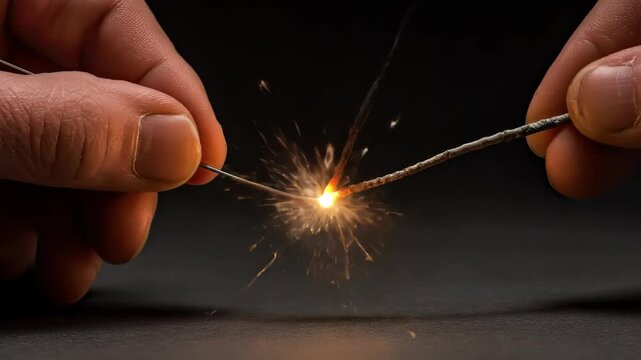 Fingers hold sparking wire creating a bright focal point against a dark background