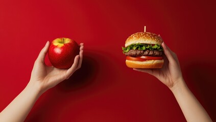 Hands hold an apple and a burger against a red background.  Healthy vs. unhealthy food choices