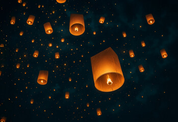 Numerous glowing sky lanterns drift peacefully into the dark night sky, creating a magical and serene spectacle