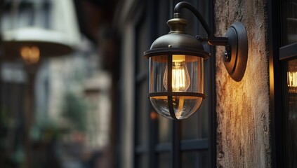 Vintage wall lamp glows warmly against a stone building