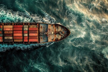 Cargo ship navigating choppy waters. Aerial top-down view of a large container ship cutting through turbulent ocean waves