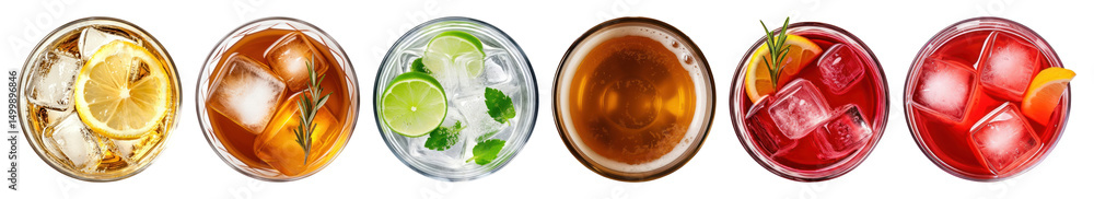 Poster png refreshing colorful assorted drinks display, element set on transparent background