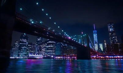 Nighttime Cityscape with Illuminated Bridge and Skyscrapers