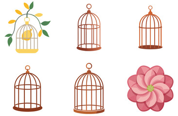 Vintage golden birdcages, some open and empty, others holding trapped birds, symbolize both freedom and captivity