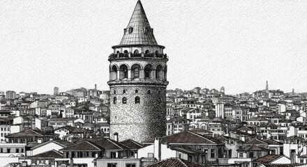 Panoramic Galata Tower over Karakoy Rooftops - Textured Line Drawing