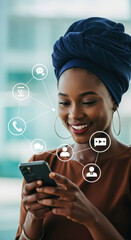  Connected Woman: Engaging with Social Media on Mobile, African Beauty with Headwrap & Modern Tech, Digital Lifestyle