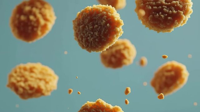 Crispy chicken nuggets falling in air on blue background, slow motion