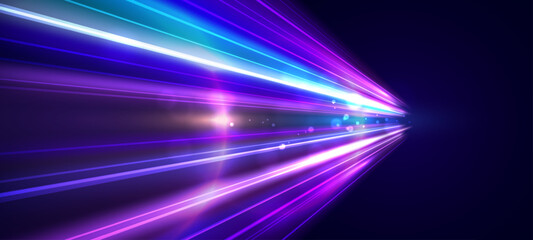 Modern abstract high speed movement with dynamic motion light trails, speed effect on dark blue background. Futuristic digital technology concept. Pattern for banner. Vector EPS10.