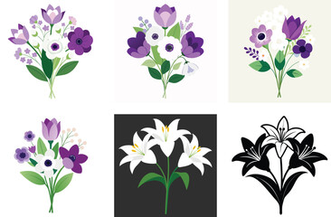 A beautiful collection of violet flowers with green leaves, perfect for a spring floral design or summer illustration