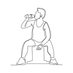 Continuous line of sporty man drink energy water from bottle. single one line sketch drawing editable stroke of healthy life style. Vector illustration