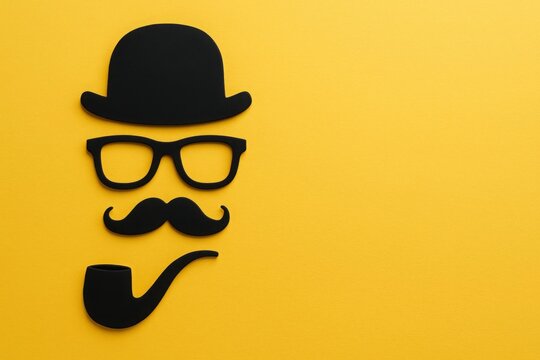 happy fathers day black hat glasses mustache pipe on yellow background