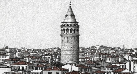 Panoramic Galata Tower over Karakoy Rooftops - Textured Line Drawing