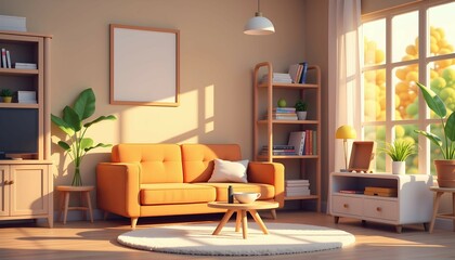 Cartoon mini replying to comments with smile, cozy room setup