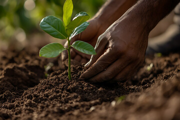 Closeup of a hand carefully planting a young seedling in rich soil, symbolizing environmental protection, sustainability, conservation and ecological responsibility.